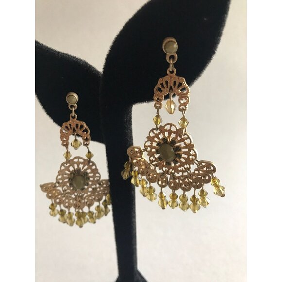 Vintage Gold Tone Filigree Pierced Wire Chandelier Dangle Earrings Chartreuses - Picture 2 of 10